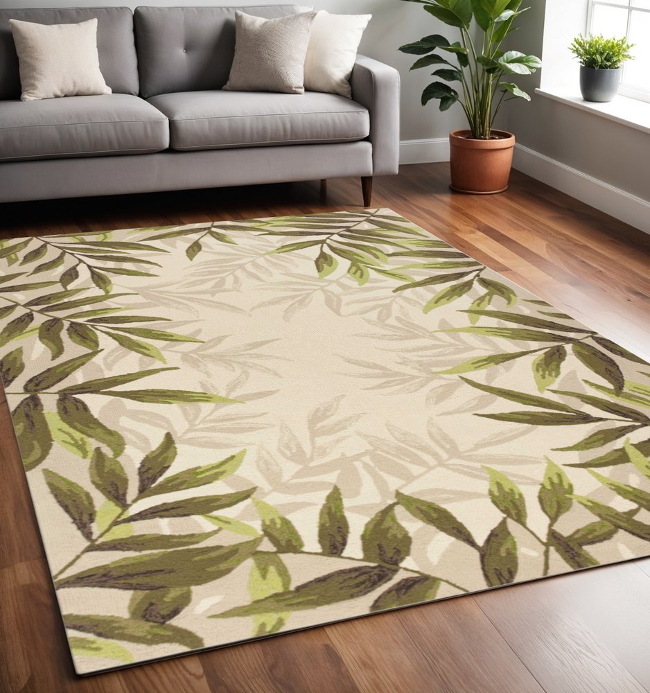 5' X 8' Ivory And Green Wool Botanical Leaves Hand Tufted Area Rug