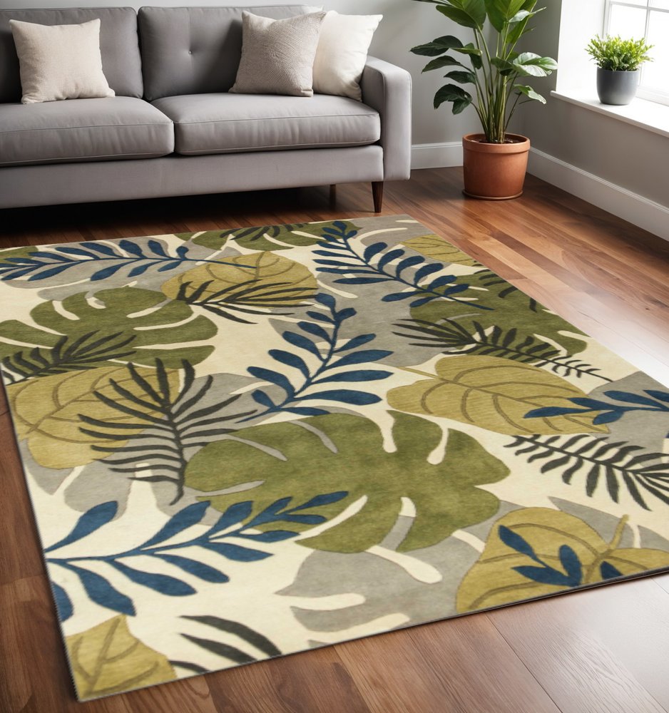 5' X 8' Ivory Green And Blue Wool Botanical Leaves Hand Tufted Area Rug