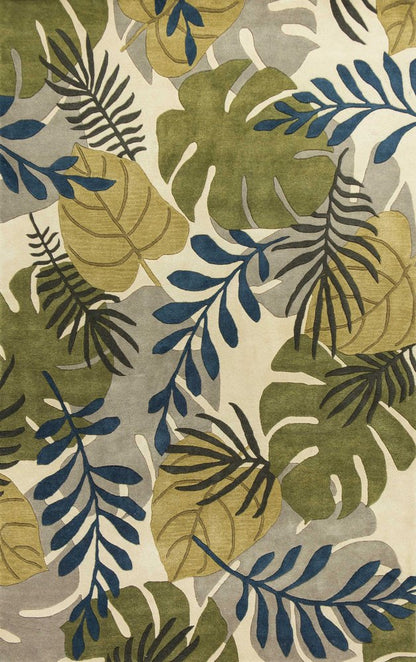 5' X 8' Ivory Green And Blue Wool Botanical Leaves Hand Tufted Area Rug