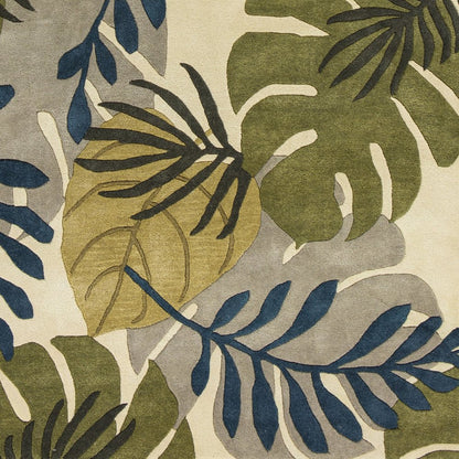 5' X 8' Ivory Green And Blue Wool Botanical Leaves Hand Tufted Area Rug