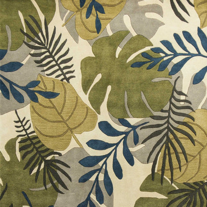 5' X 8' Ivory Green And Blue Wool Botanical Leaves Hand Tufted Area Rug