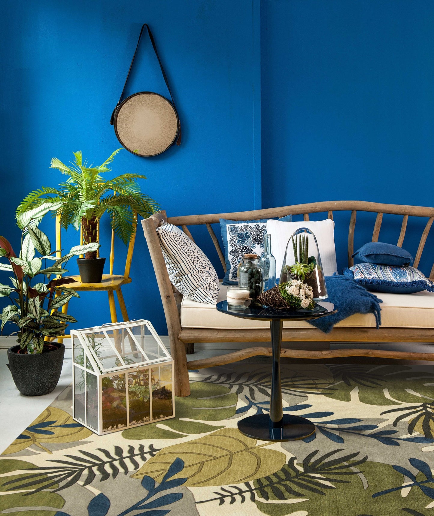 5' X 8' Ivory Green And Blue Wool Botanical Leaves Hand Tufted Area Rug