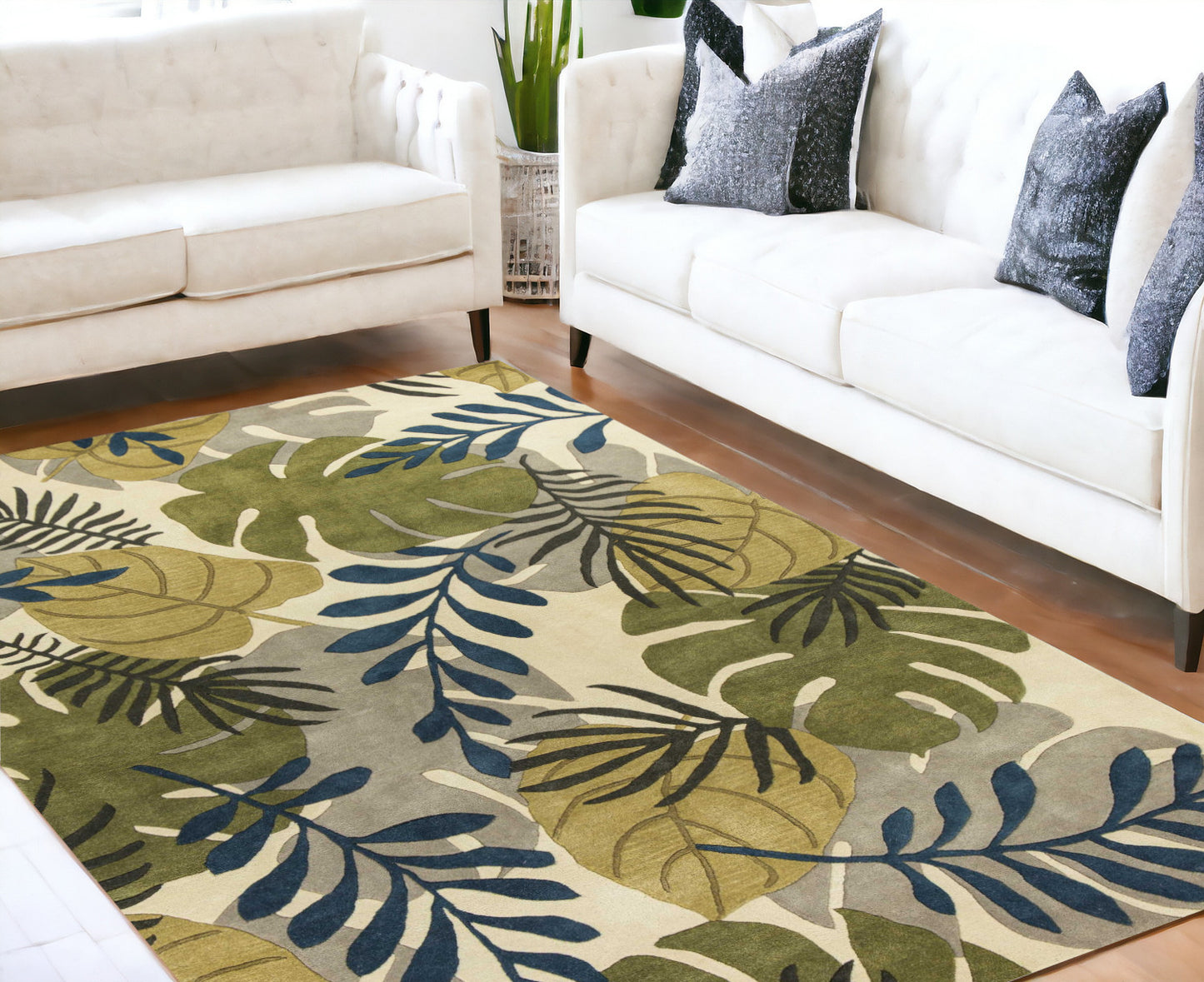 3' X 5' Ivory Leaves Wool Area Rug