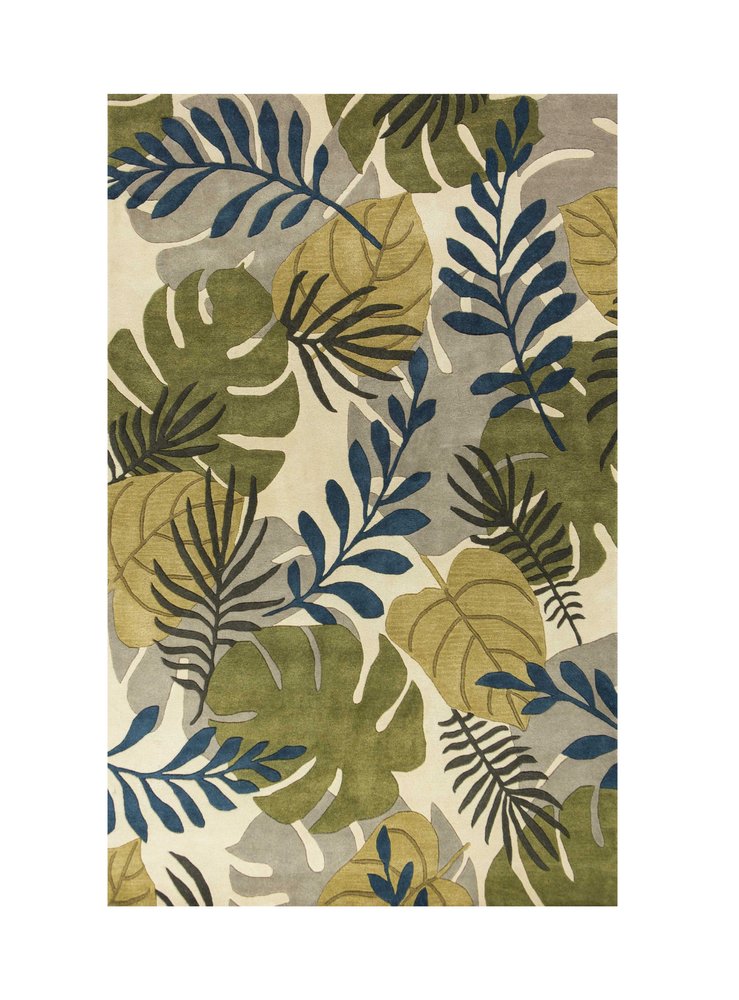 5' X 8' Ivory Green And Blue Wool Botanical Leaves Hand Tufted Area Rug
