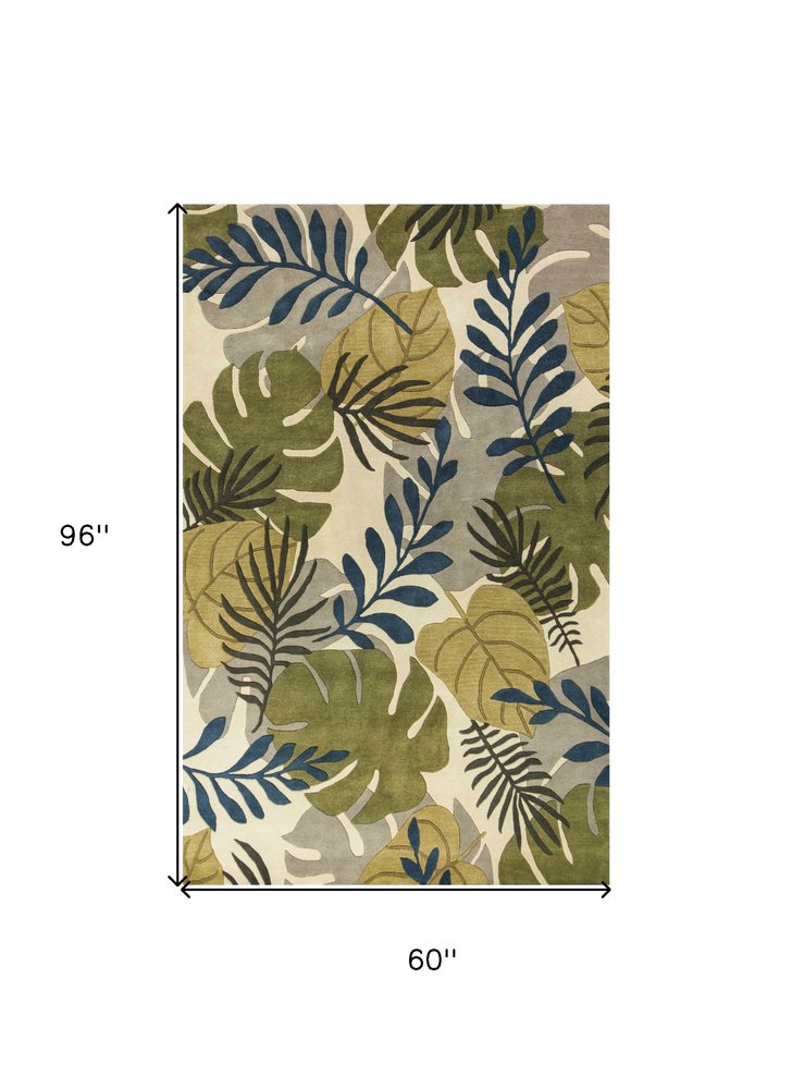 5' X 8' Ivory Green And Blue Wool Botanical Leaves Hand Tufted Area Rug