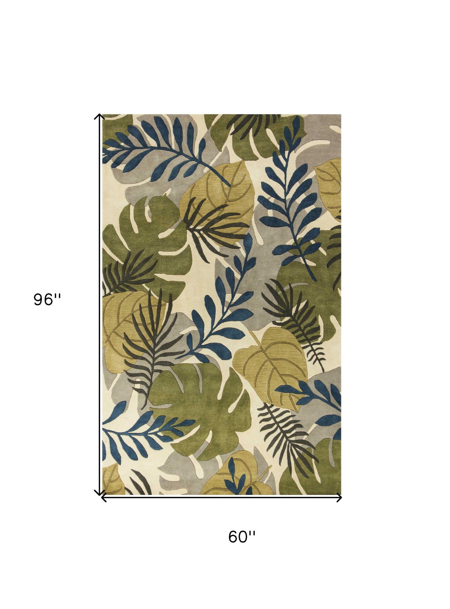 5' X 8' Ivory Green And Blue Wool Botanical Leaves Hand Tufted Area Rug