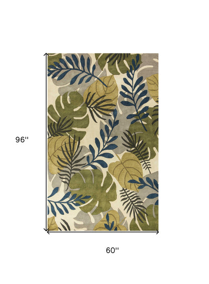 5' X 8' Ivory Green And Blue Wool Botanical Leaves Hand Tufted Area Rug