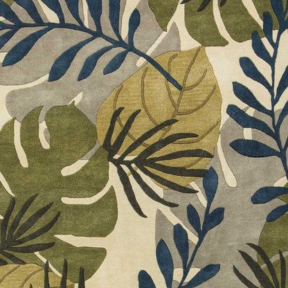 5' X 8' Ivory Green And Blue Wool Botanical Leaves Hand Tufted Area Rug