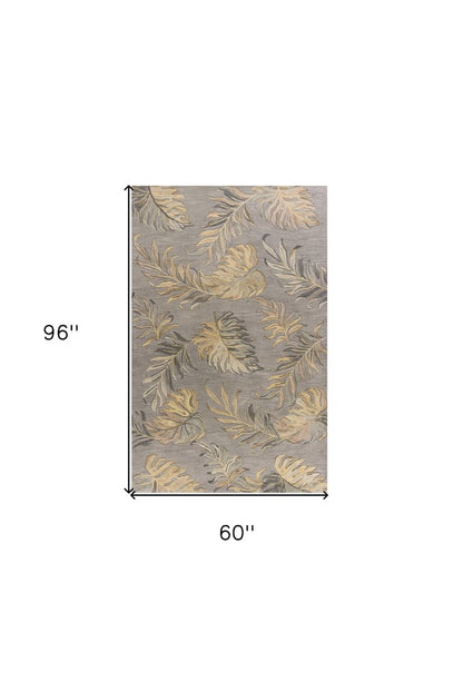 3' X 5' Gray And Taupe Wool Botanical Leaves Hand Tufted Area Rug