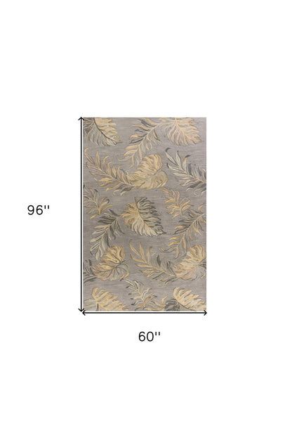 3' X 5' Gray And Taupe Wool Botanical Leaves Hand Tufted Area Rug
