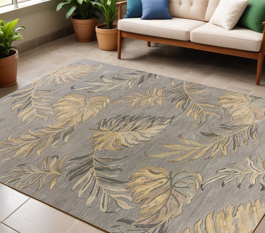 8' X 11' Grey Hand Tufted Tropical Palms Indoor Area Rug