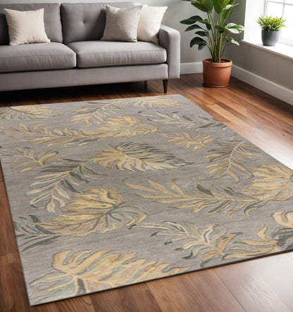 3' X 5' Gray And Taupe Wool Botanical Leaves Hand Tufted Area Rug