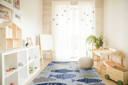 7' X 9' Blue Ivory And Green Fish Hand Tufted Area Rug