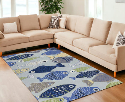 7' X 9' Blue Ivory And Green Fish Hand Tufted Area Rug