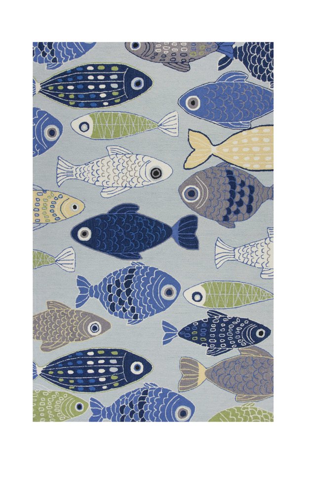 7' X 9' Blue Ivory And Green Fish Hand Tufted Area Rug