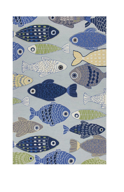 7' X 9' Blue Ivory And Green Fish Hand Tufted Area Rug