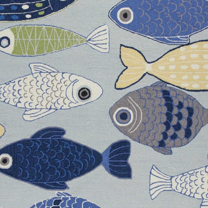 7' X 9' Blue Ivory And Green Fish Hand Tufted Area Rug