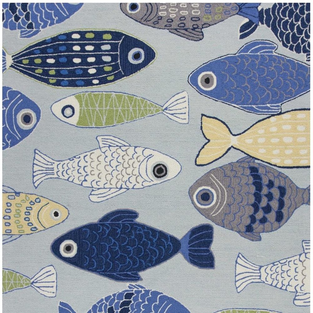 7' X 9' Blue Ivory And Green Fish Hand Tufted Area Rug
