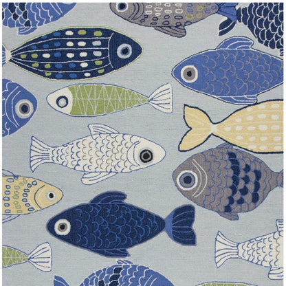 7' X 9' Blue Ivory And Green Fish Hand Tufted Area Rug