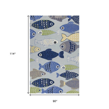 7' X 9' Blue Ivory And Green Fish Hand Tufted Area Rug