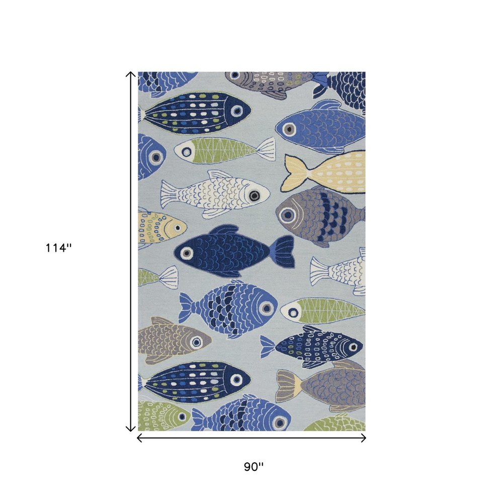 7' X 9' Blue Ivory And Green Fish Hand Tufted Area Rug