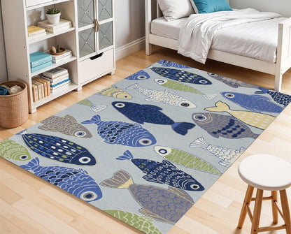 7' X 9' Blue Ivory And Green Fish Hand Tufted Area Rug