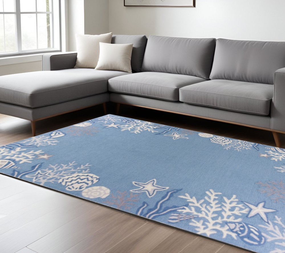 3' X 5' Blue Gray And White Fish and Coral Hand Hooked Area Rug