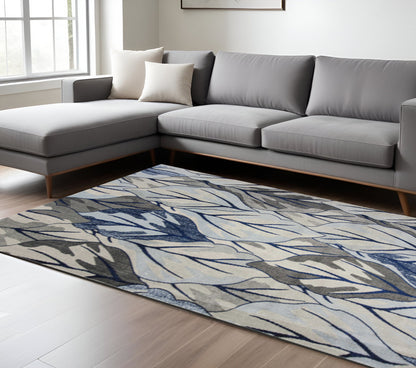 5' X 8' Gray And Navy Blue Botanical Leaves Area Rug