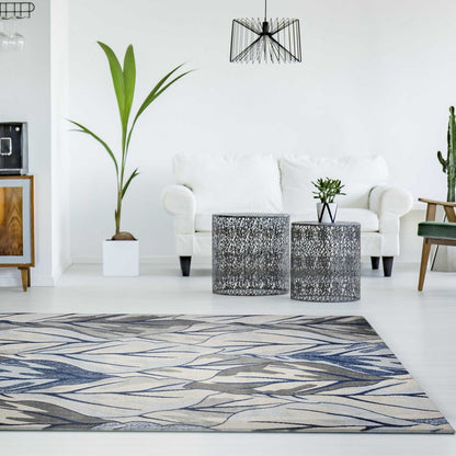 5' X 8' Gray And Navy Blue Botanical Leaves Area Rug