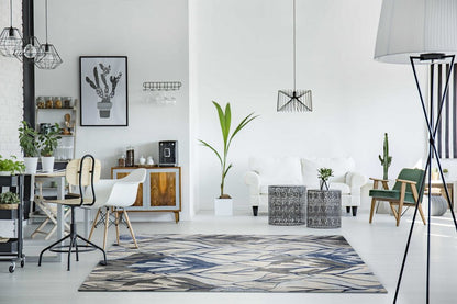 5' X 8' Gray And Navy Blue Botanical Leaves Area Rug