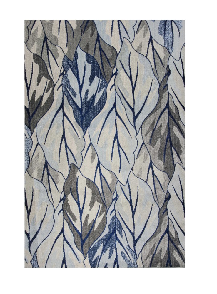 5' X 8' Gray And Navy Blue Botanical Leaves Area Rug