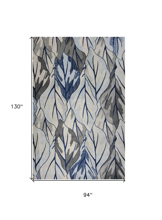 8' X 11' Grey Navy Machine Woven Oversized Leaves Indoor Area Rug