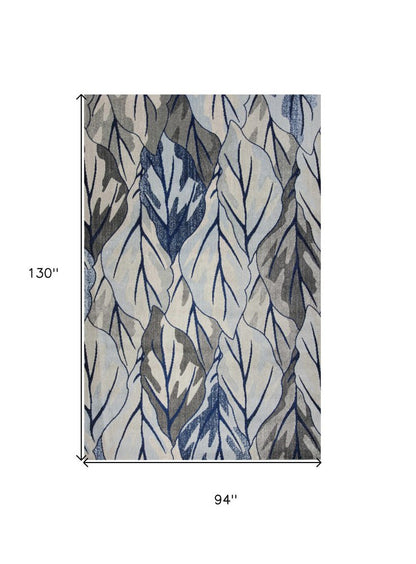 5' X 8' Gray And Navy Blue Botanical Leaves Area Rug