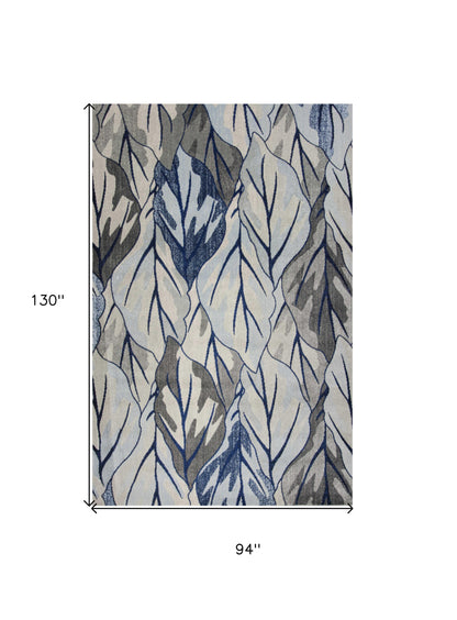 5' X 8' Gray And Navy Blue Botanical Leaves Area Rug