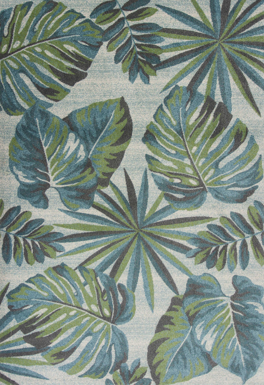 5' X 8' Beige Teal and Green Tropical Botanical Leaves Area Rug