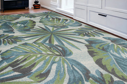 3' X 5' Teal and Ivory Tropical Floral Area Rug