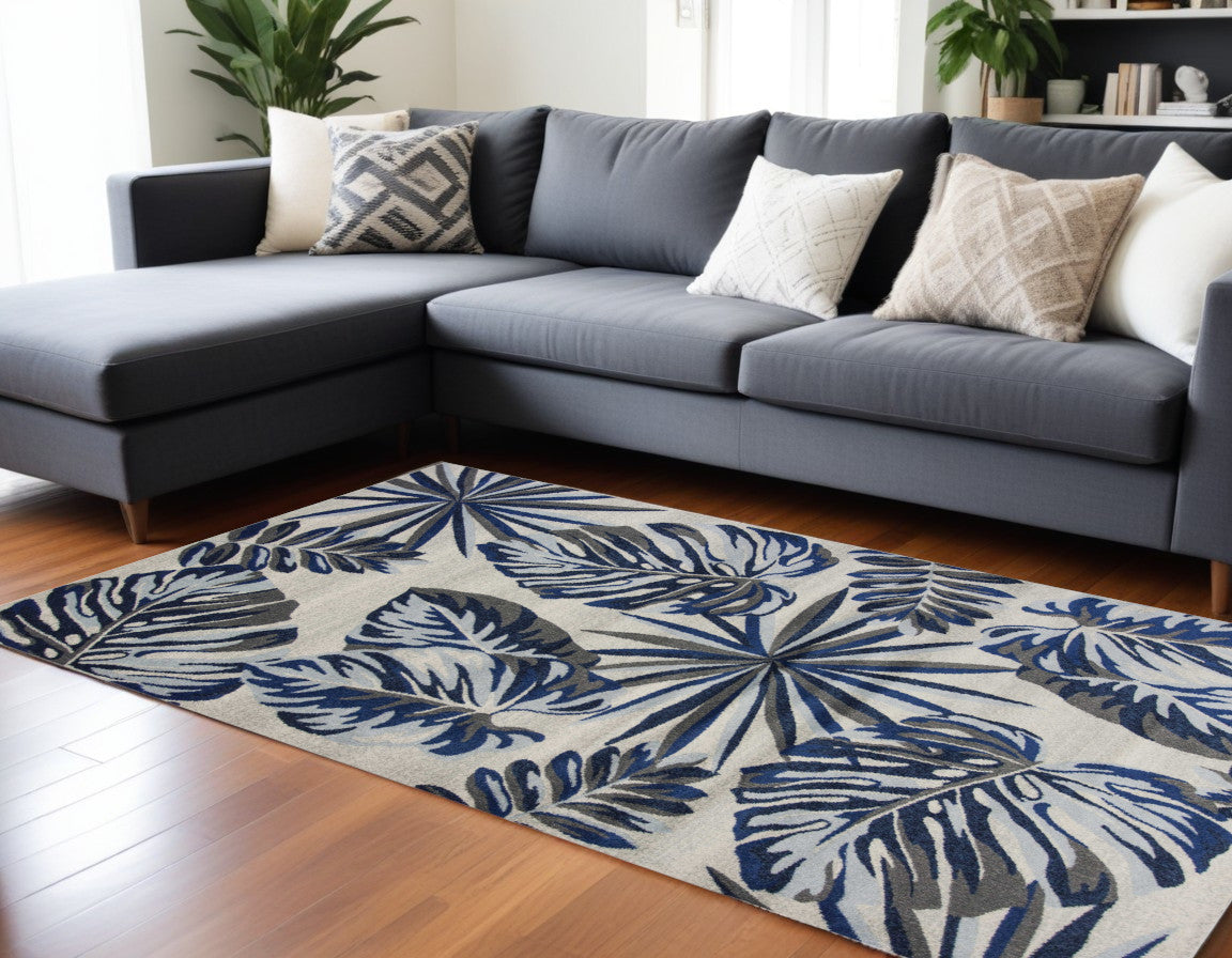 8' X 11' Grey Blue Machine Woven Oversized Tropical Leaves Indoor Area Rug