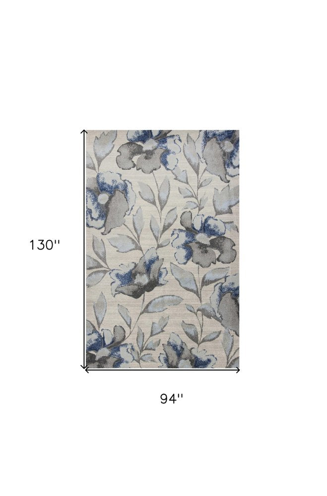 9' X 13' Ivory Blue And Gray Floral Vines Area Rug