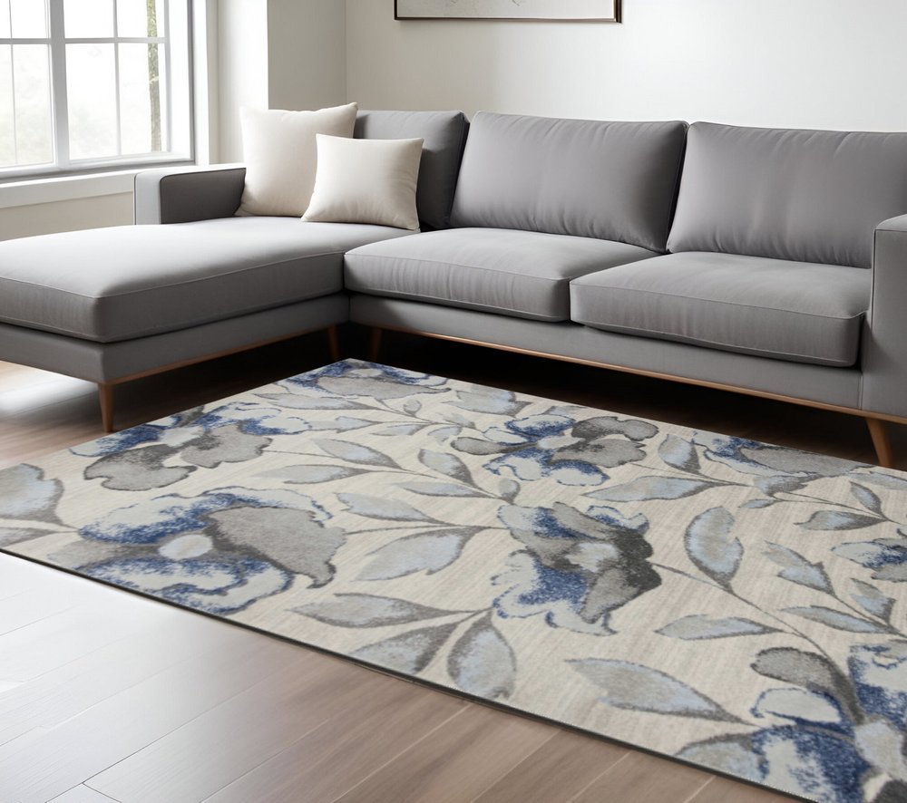 9' X 13' Ivory Blue And Gray Floral Vines Area Rug