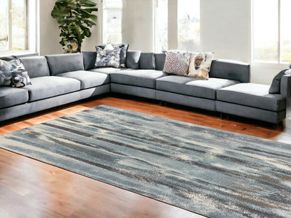 7' X 10' Teal Blue Machine Woven Abstract Stripes Indoor Area Rug