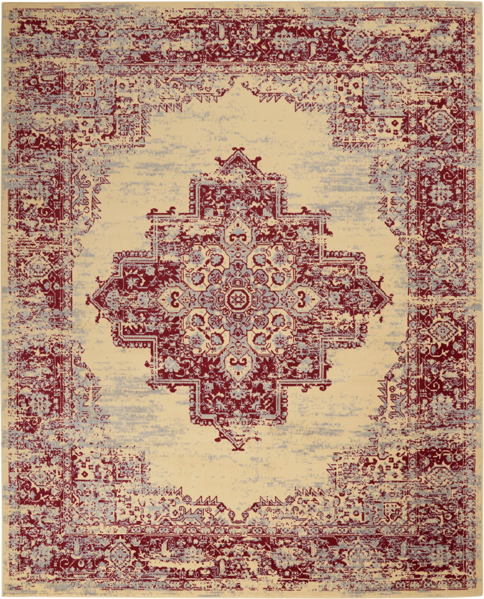 Distressed oriental rug with burgundy central medallion and ornate border on cream field.