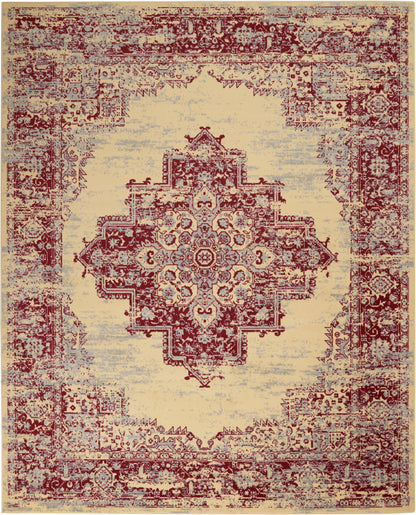 Distressed oriental rug with burgundy central medallion and ornate border on cream field.
