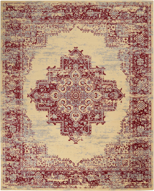 Distressed oriental rug with burgundy central medallion and ornate border on cream field.