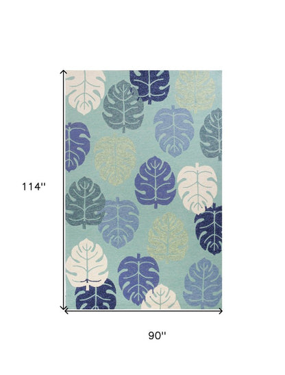 7' X 9' Turquoise And Ivory Botanical Leaves Hand Tufted Area Rug