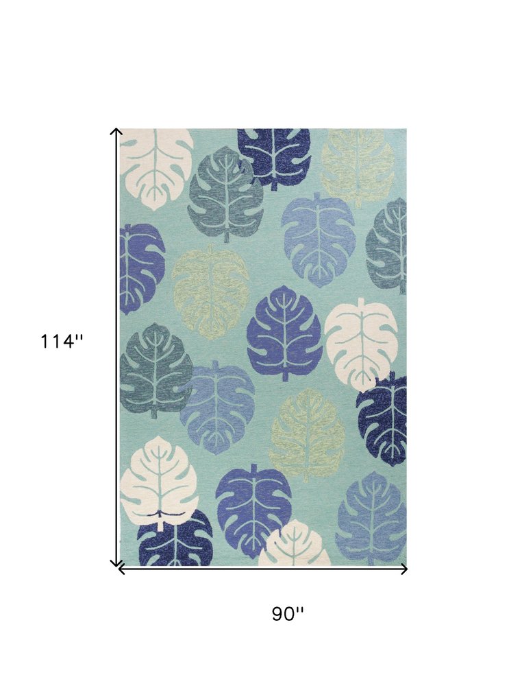 7' X 9' Turquoise And Ivory Botanical Leaves Hand Tufted Area Rug