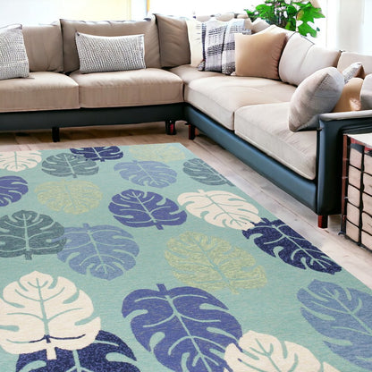7' X 9' Turquoise And Ivory Botanical Leaves Hand Tufted Area Rug