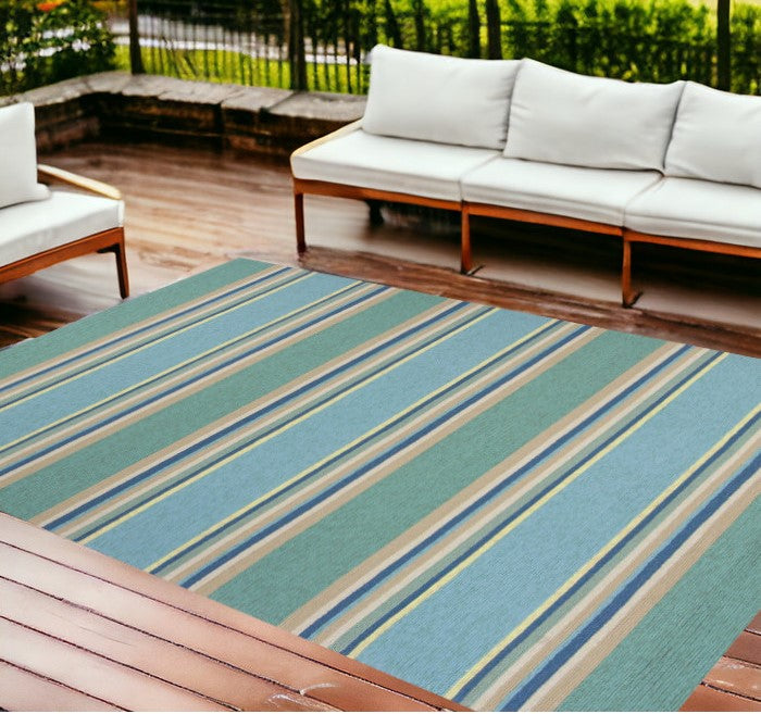 8' X 10' Blue Striped Handmade Indoor Outdoor Area Rug