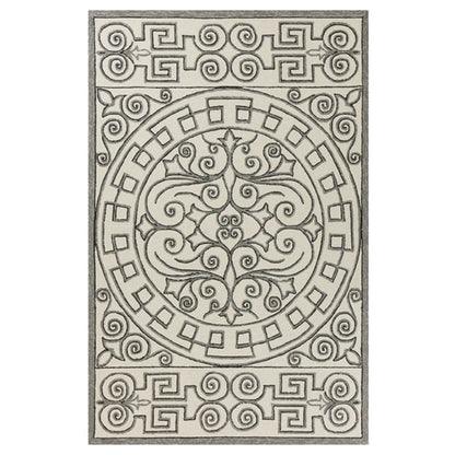 8' Gray And Ivory Round Damask Indoor Outdoor Area Rug
