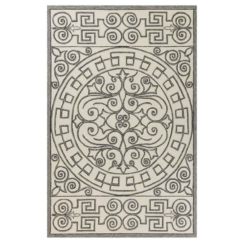 8' Gray And Ivory Round Damask Indoor Outdoor Area Rug