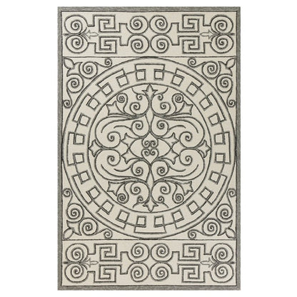 8' Gray And Ivory Round Damask Indoor Outdoor Area Rug
